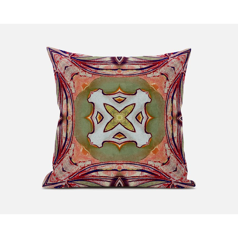 20"x20" Peach Magenta Green Zippered Suede Geometric Throw Pillow. Picture 1