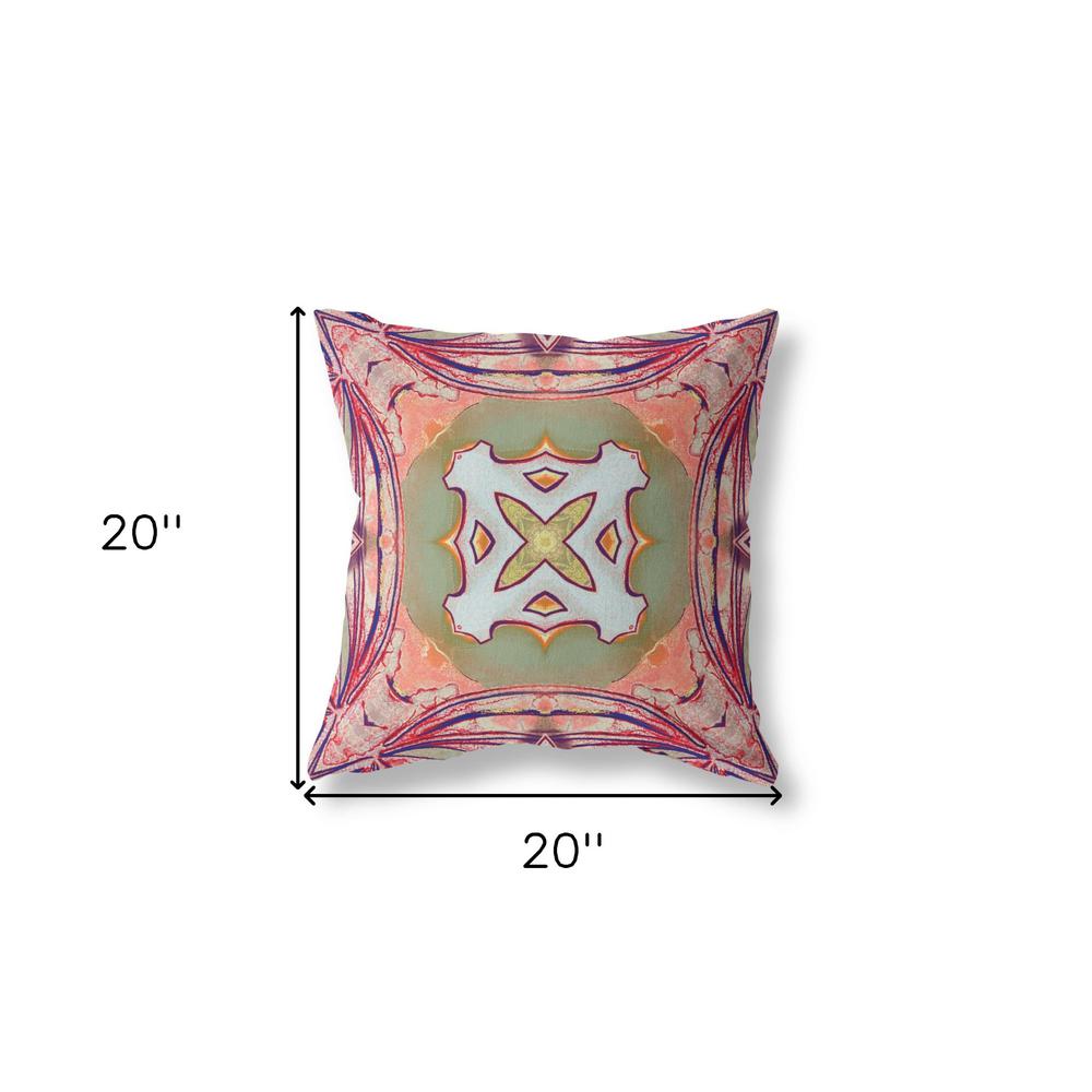 20"x20" Peach Magenta Green Zippered Suede Geometric Throw Pillow. Picture 6