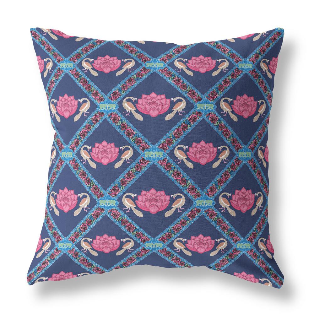 18" X 18" Indigo And Pink Blown Seam Geometric Indoor Outdoor Throw Pillow. Picture 1