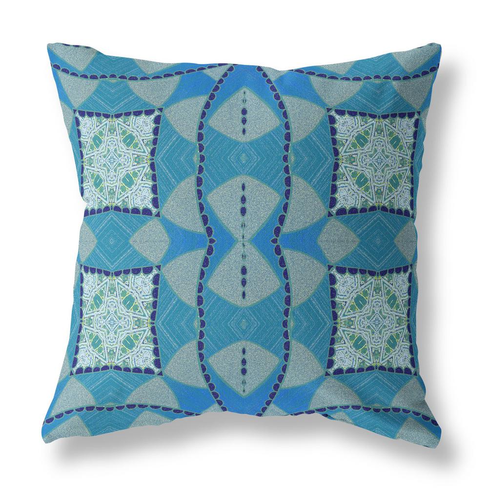 18" X 18" Aqua Blue Blown Seam Geometric Indoor Outdoor Throw Pillow. Picture 1