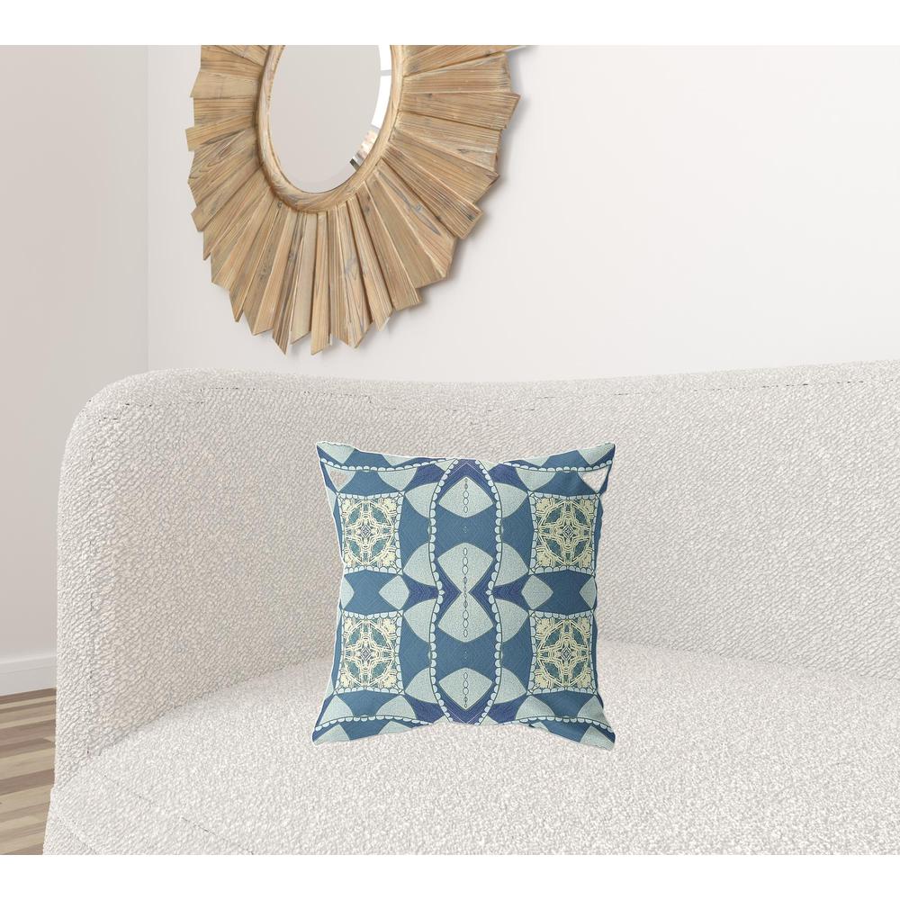 18" X 18" Blue And Cream Blown Seam Geometric Indoor Outdoor Throw Pillow. Picture 2