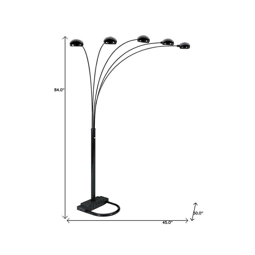 84" Black Five Light Arc Floor Lamp With Black Dome Shade. Picture 2