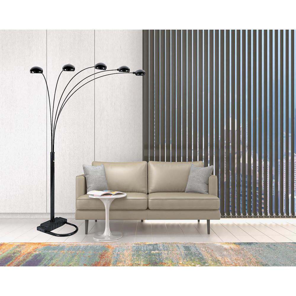 84" Black Five Light Arc Floor Lamp With Black Dome Shade. Picture 6
