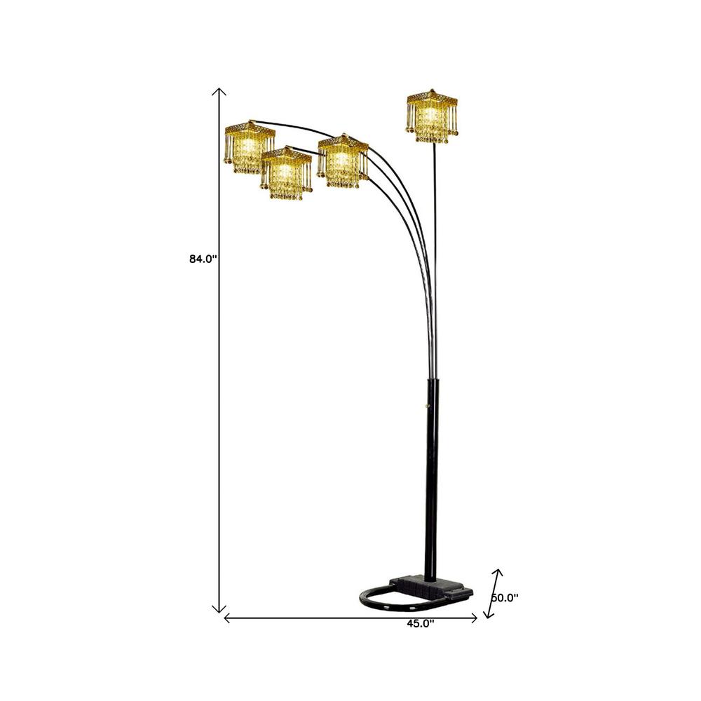 84" Black Four Light Arc Floor Lamp With Clear Crystal Glass Chandelier Shade. Picture 5