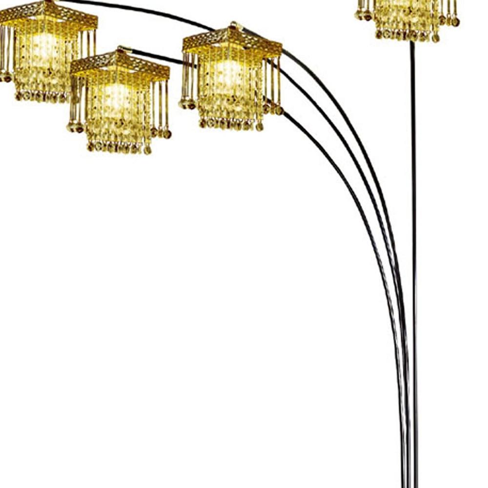 84" Black Four Light Arc Floor Lamp With Clear Crystal Glass Chandelier Shade. Picture 4