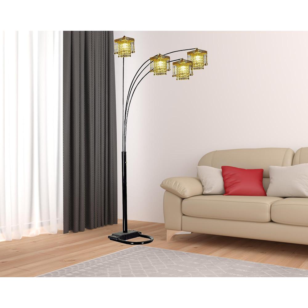 84" Black Four Light Arc Floor Lamp With Clear Crystal Glass Chandelier Shade. Picture 3