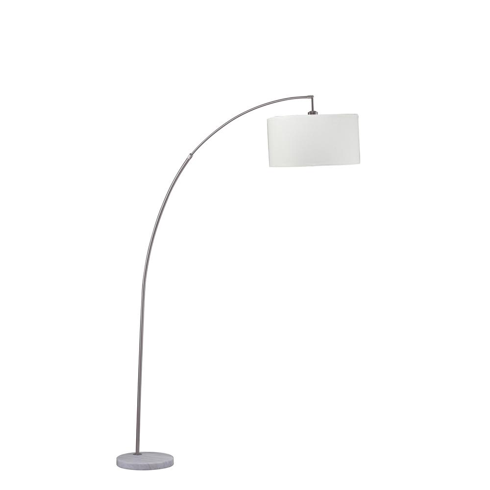 86" White And Silver Arc Floor Lamp With White Drum Shade. Picture 1