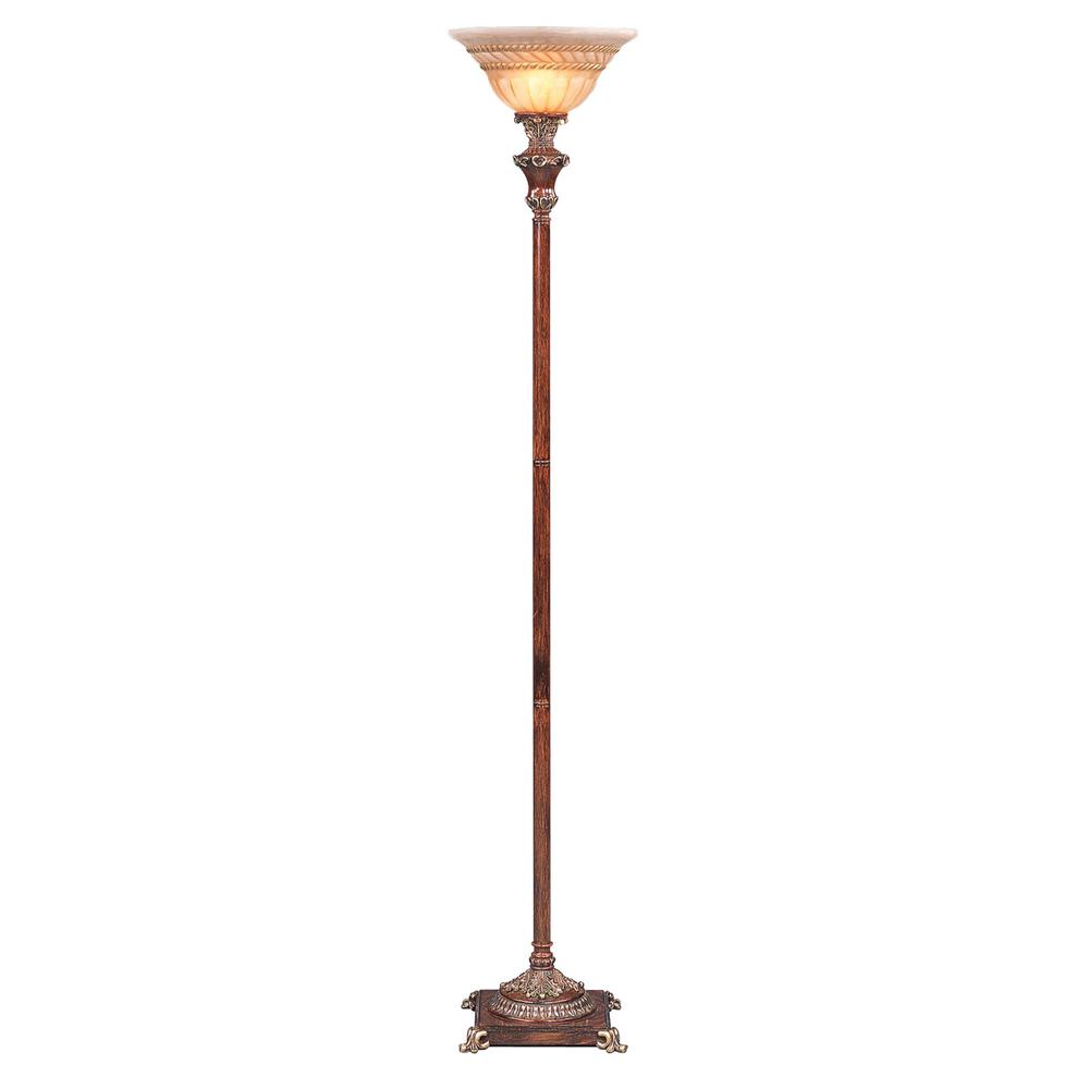 69" Brown Faux Wood Torchiere Floor Lamp With Brown Stained Glass Bell Shade. Picture 1