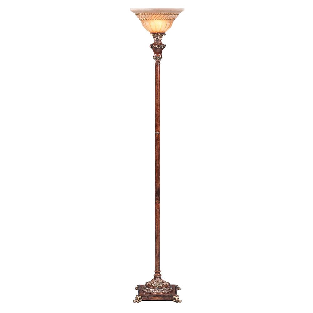 69" Brown Faux Wood Torchiere Floor Lamp With Brown Stained Glass Bell Shade. Picture 2
