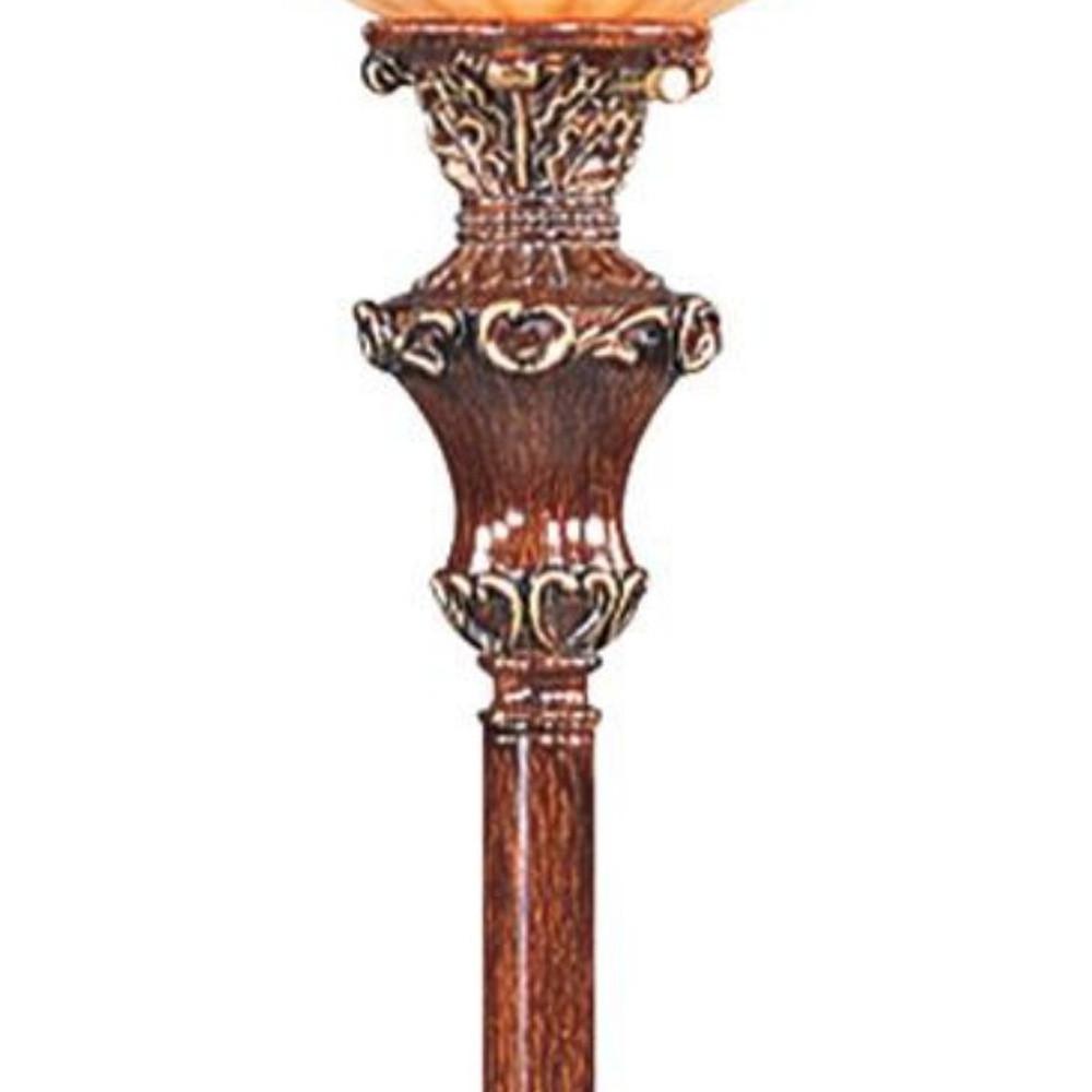 69" Brown Faux Wood Torchiere Floor Lamp With Brown Stained Glass Bell Shade. Picture 3