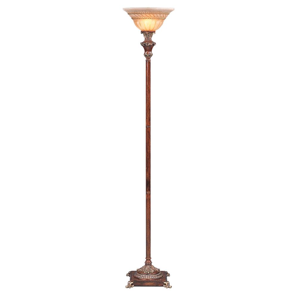 69" Brown Faux Wood Torchiere Floor Lamp With Brown Stained Glass Bell Shade. Picture 4