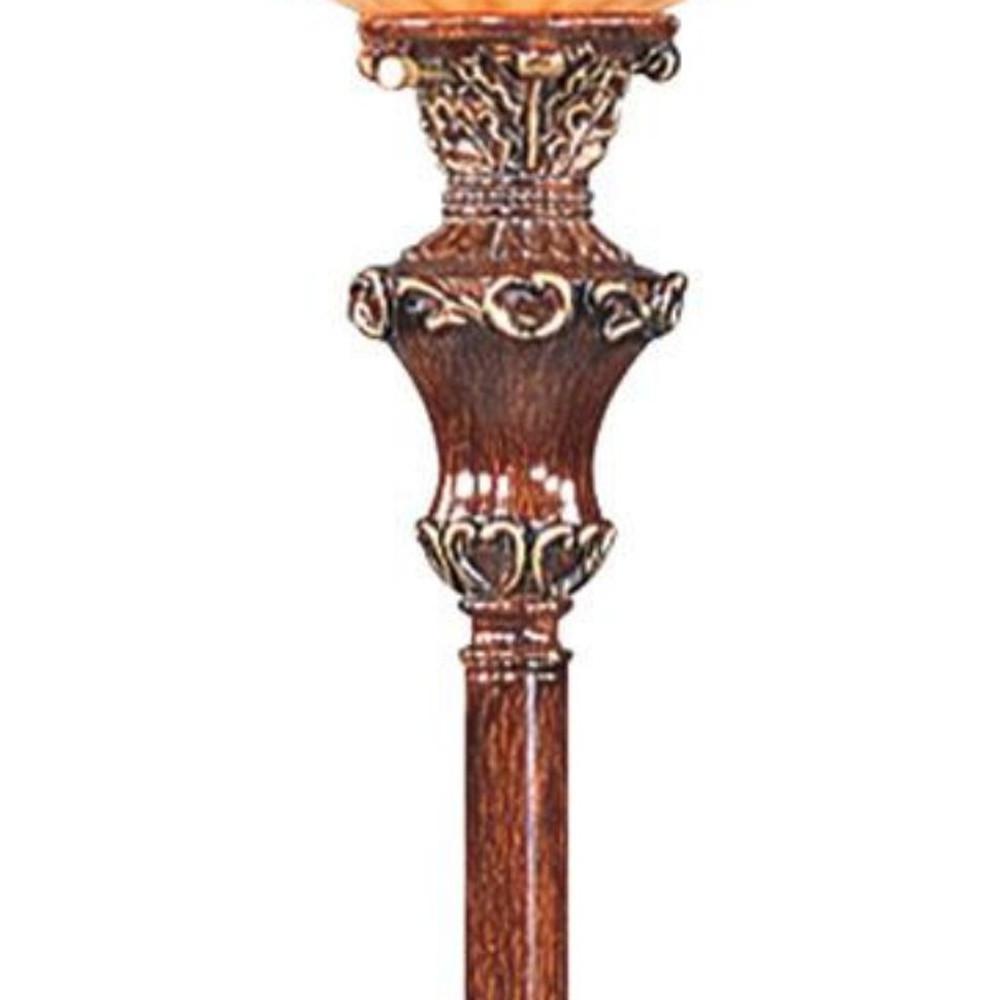 69" Brown Faux Wood Torchiere Floor Lamp With Brown Stained Glass Bell Shade. Picture 5