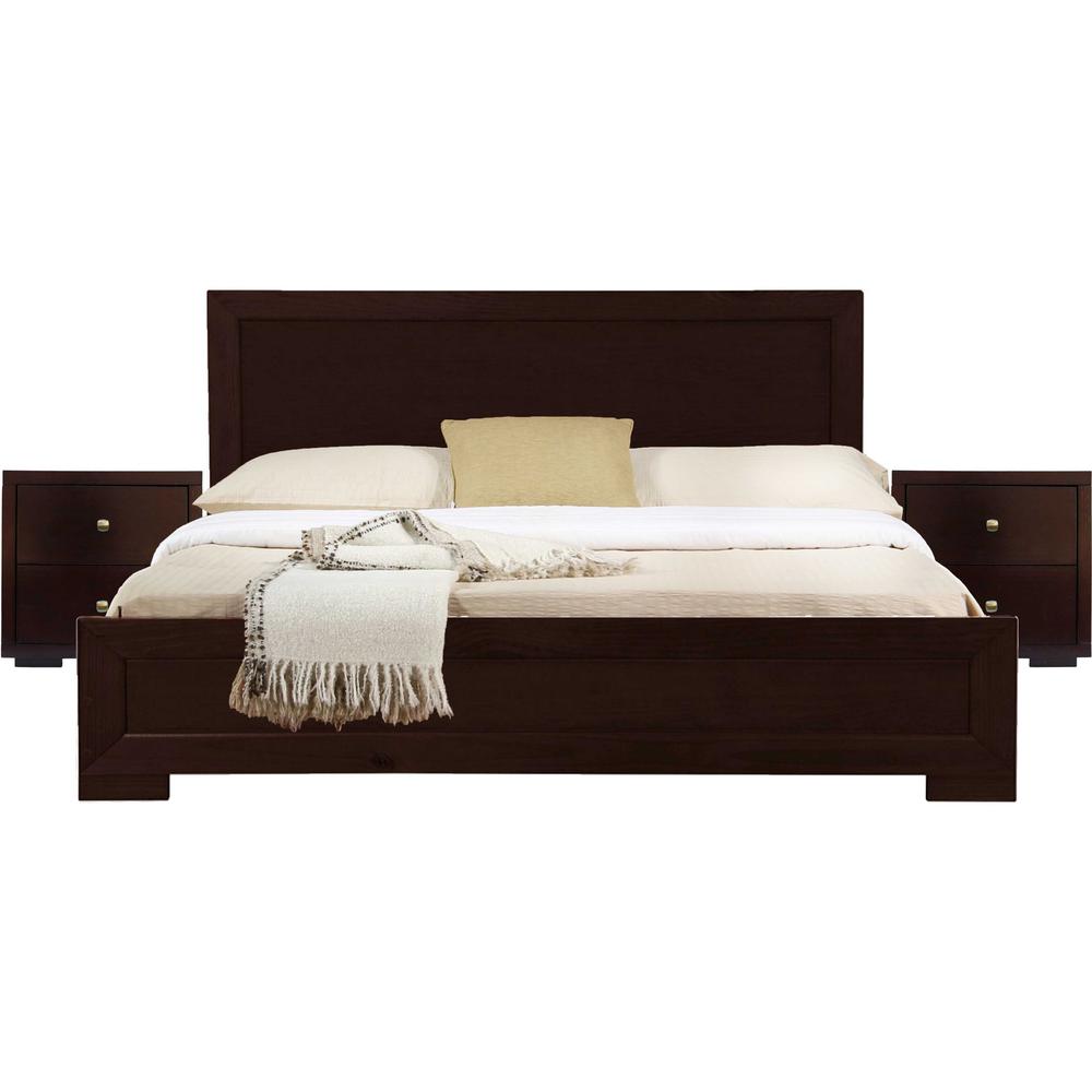 Moma Espresso Wood Platform Queen Bed With Two Nightstands. Picture 1