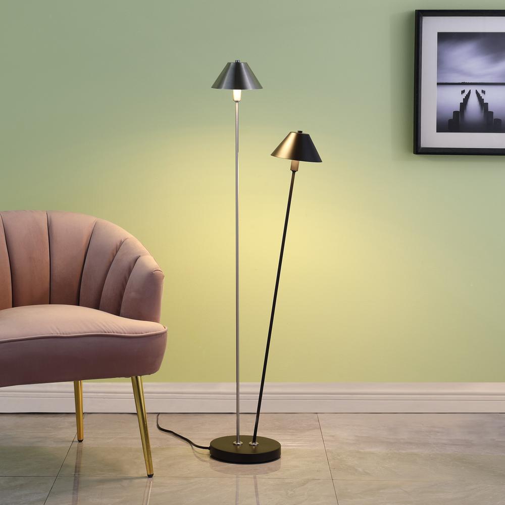 48" Nickel Two Lights LED Novelty Floor Lamp With Black And Silver Empire Shade. Picture 2