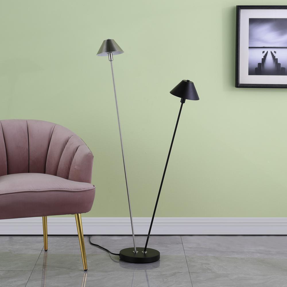 48" Nickel Two Lights LED Novelty Floor Lamp With Black And Silver Empire Shade. Picture 5