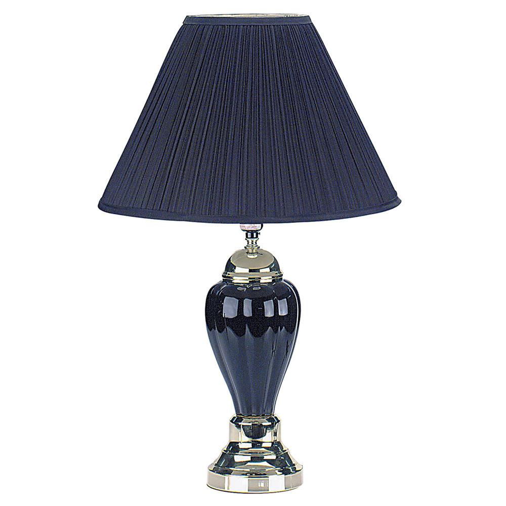 Gold and Black Table Lamp with Navy Blue Shade. Picture 1