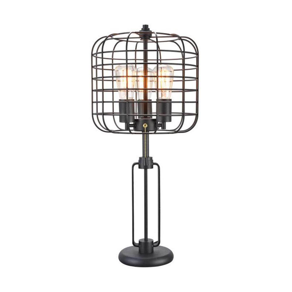 27" Black Metal Industrial Cage Design Three Light Table Lamp. Picture 1
