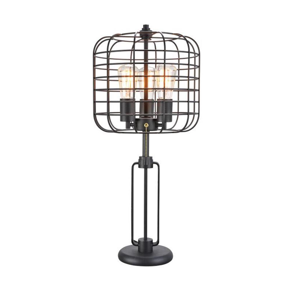 27" Black Metal Industrial Cage Design Three Light Table Lamp. Picture 4