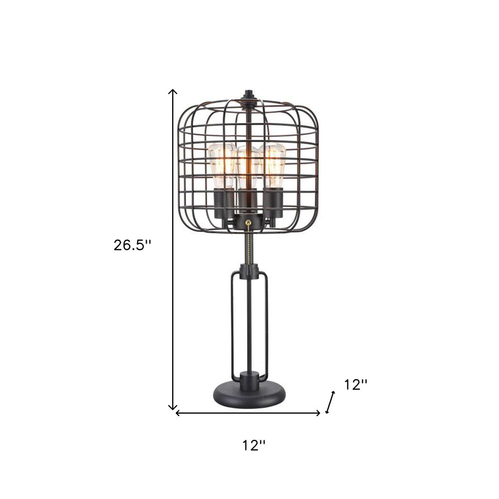 27" Black Metal Industrial Cage Design Three Light Table Lamp. Picture 8