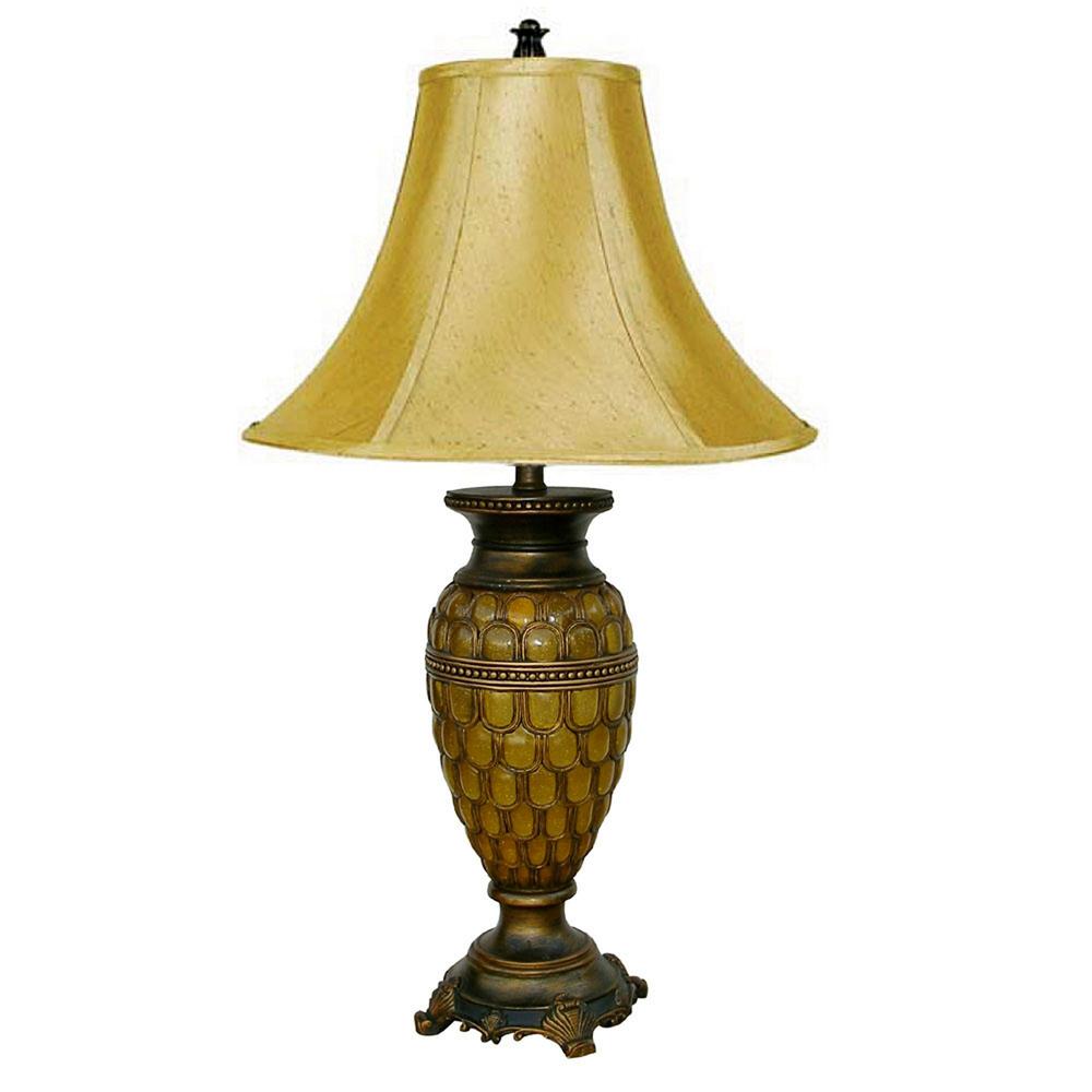 31" Golden Brown Polyresin Urn Table Lamp With Night Light and Gold Bell Shade. Picture 1