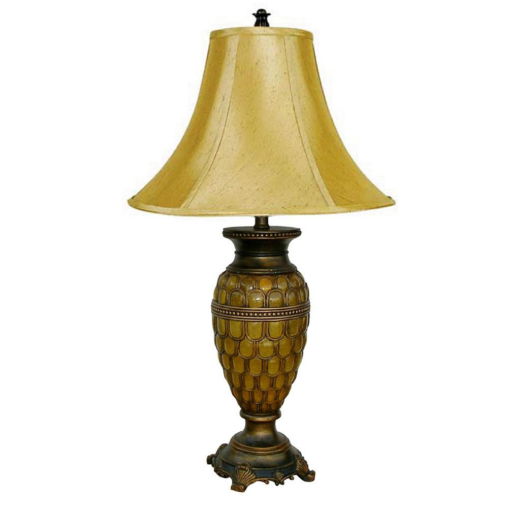 31" Golden Brown Polyresin Urn Table Lamp With Night Light and Gold Bell Shade. Picture 2