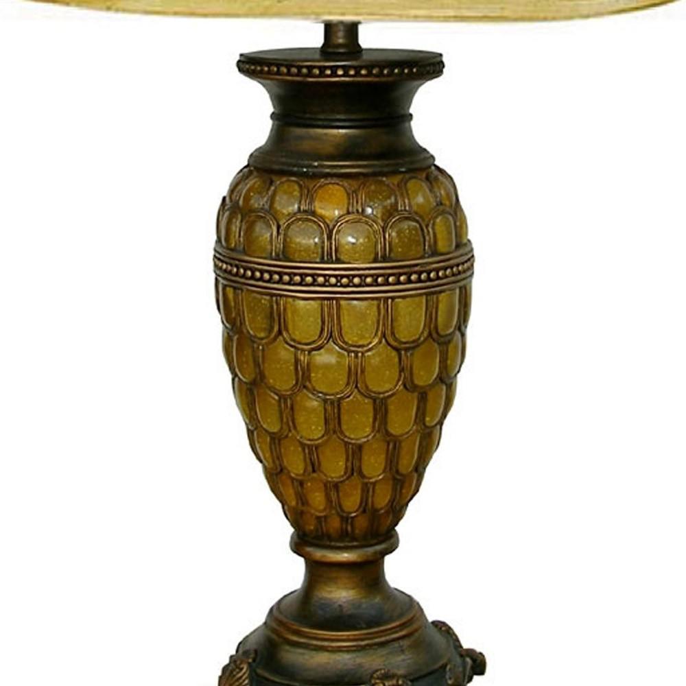 31" Golden Brown Polyresin Urn Table Lamp With Night Light and Gold Bell Shade. Picture 3