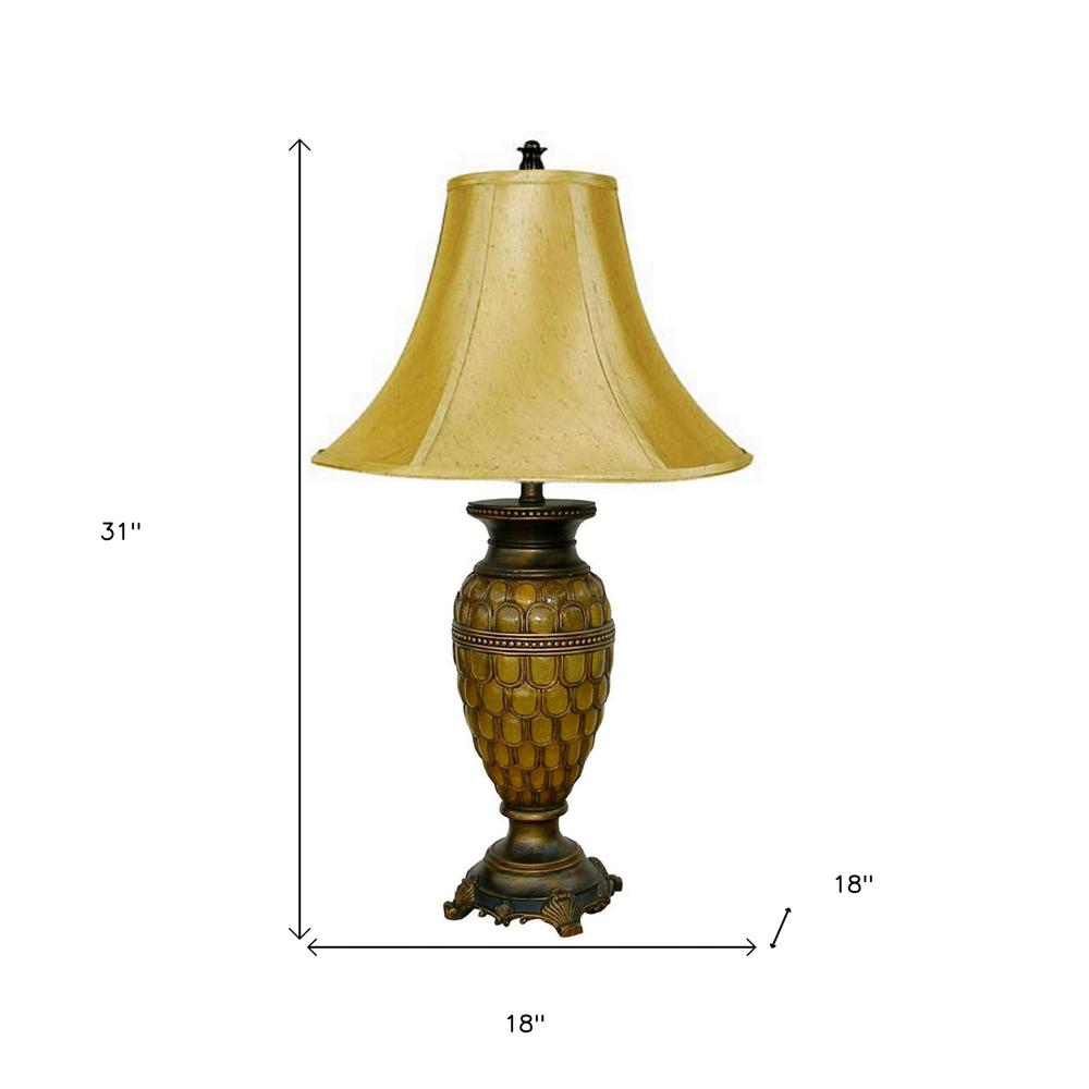 31" Golden Brown Polyresin Urn Table Lamp With Night Light and Gold Bell Shade. Picture 6