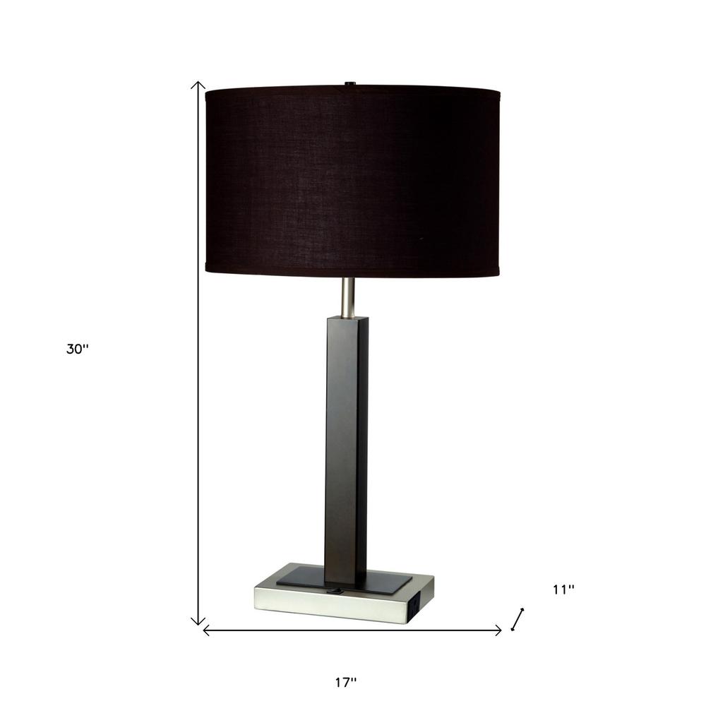 30" Black Polyresin Table Lamp With Brown Classic Drum Shade. Picture 6