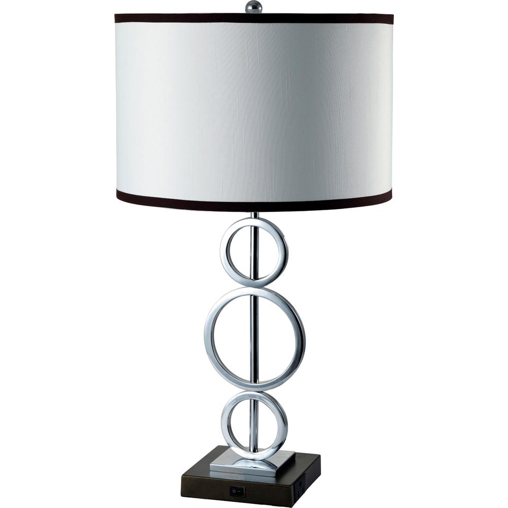 29" Silver Metal Bedside Geo Table Lamp With White and Black Trim Classic Drum Shade. Picture 1