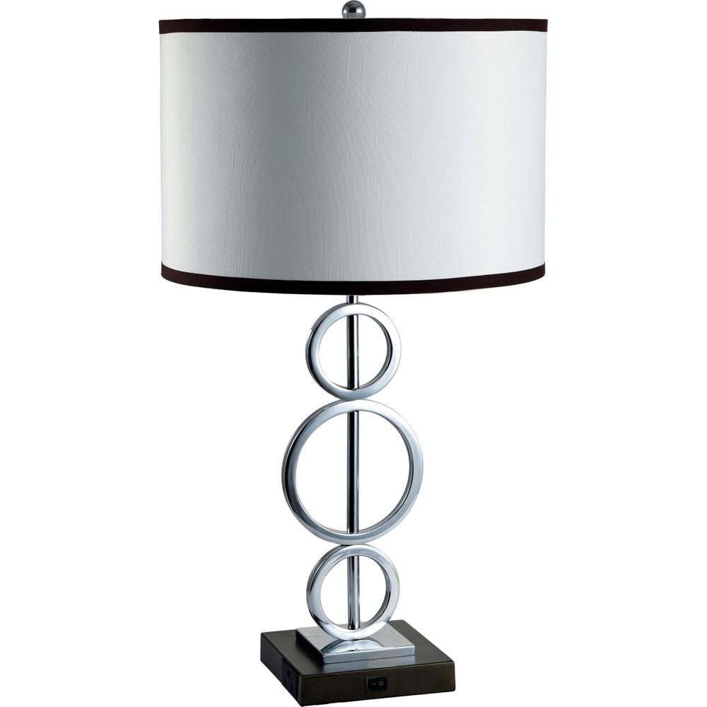 29" Silver Metal Bedside Geo Table Lamp With White and Black Trim Classic Drum Shade. Picture 2