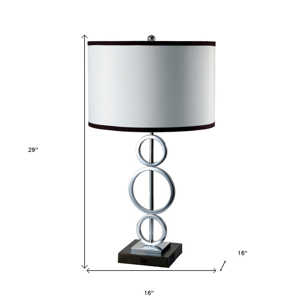 29" Silver Metal Bedside Geo Table Lamp With White and Black Trim Classic Drum Shade. Picture 5