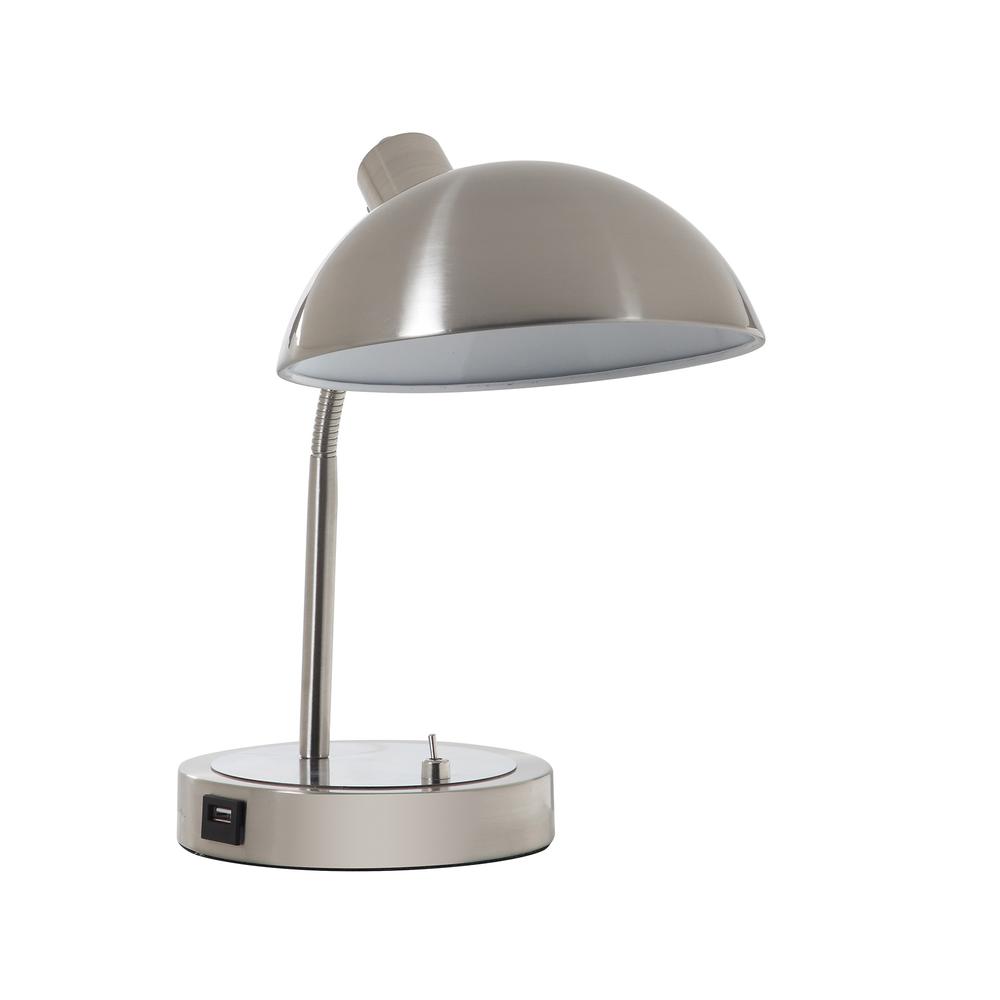 14” Modern Adjustable Silver Metal Desk Lamp with USB. Picture 1