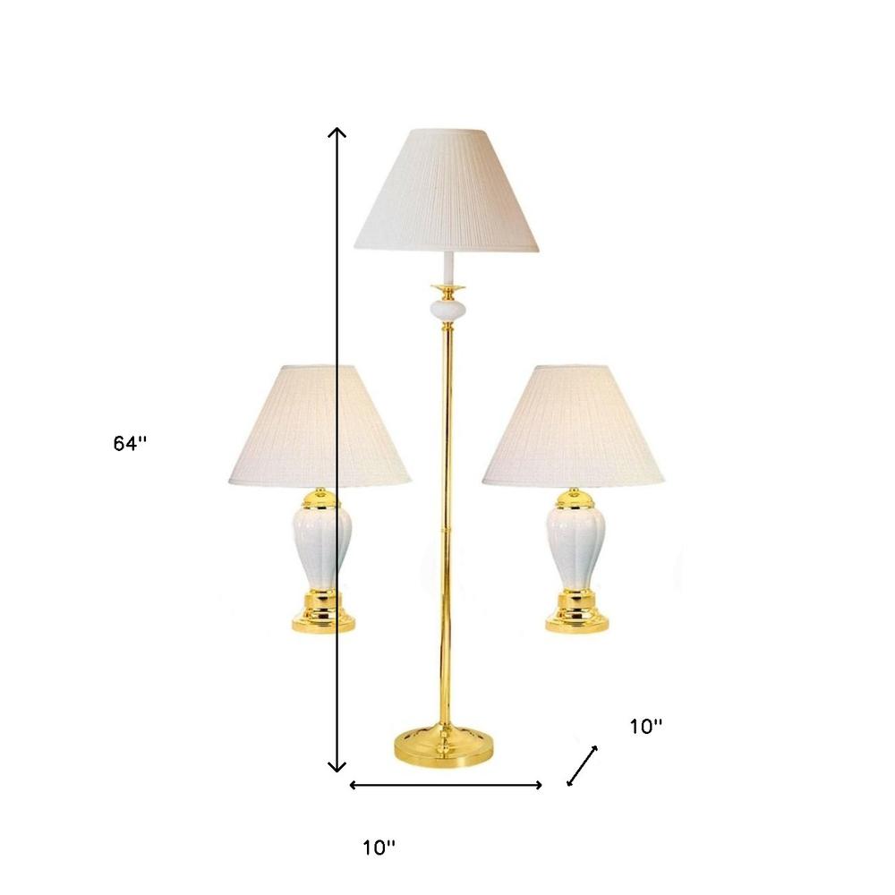 Set Of Three 64" Gold and White Ceramic Bedside Floor and Table Lamp Set. Picture 6