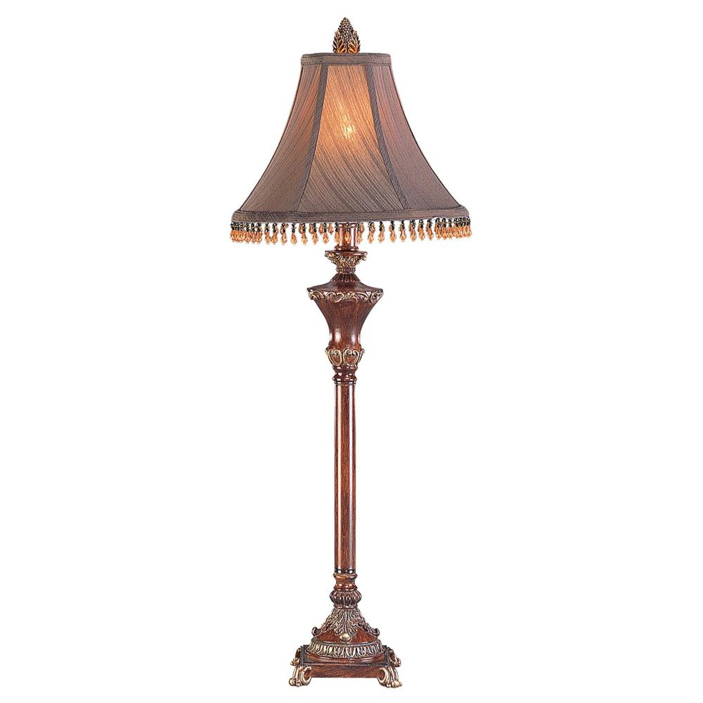 30" Bronze Polyresin Table Lamp With Brown Bell Shade with Hanging Beads. Picture 1