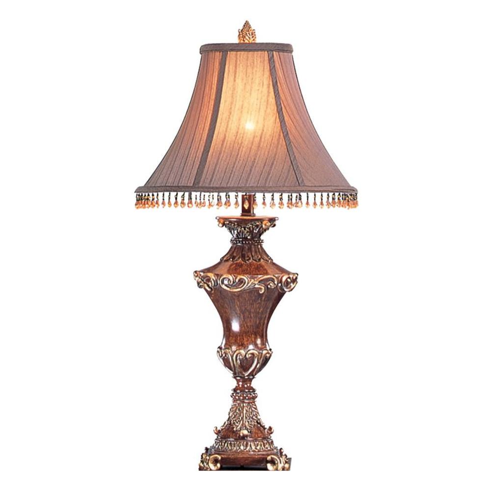 32" Bronze Urn Table Lamp With Brown Bell Shade and Hanging Beads. Picture 1