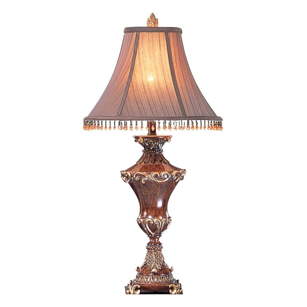 32" Bronze Urn Table Lamp With Brown Bell Shade and Hanging Beads. Picture 2