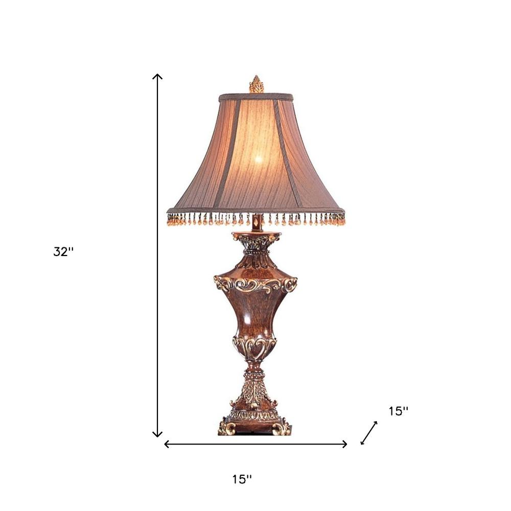 32" Bronze Urn Table Lamp With Brown Bell Shade and Hanging Beads. Picture 6