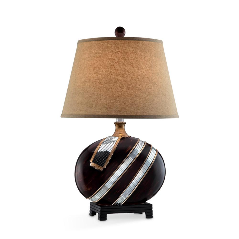 Dark Brown Polyresin Lamp with Beige Fabric Shade. Picture 1