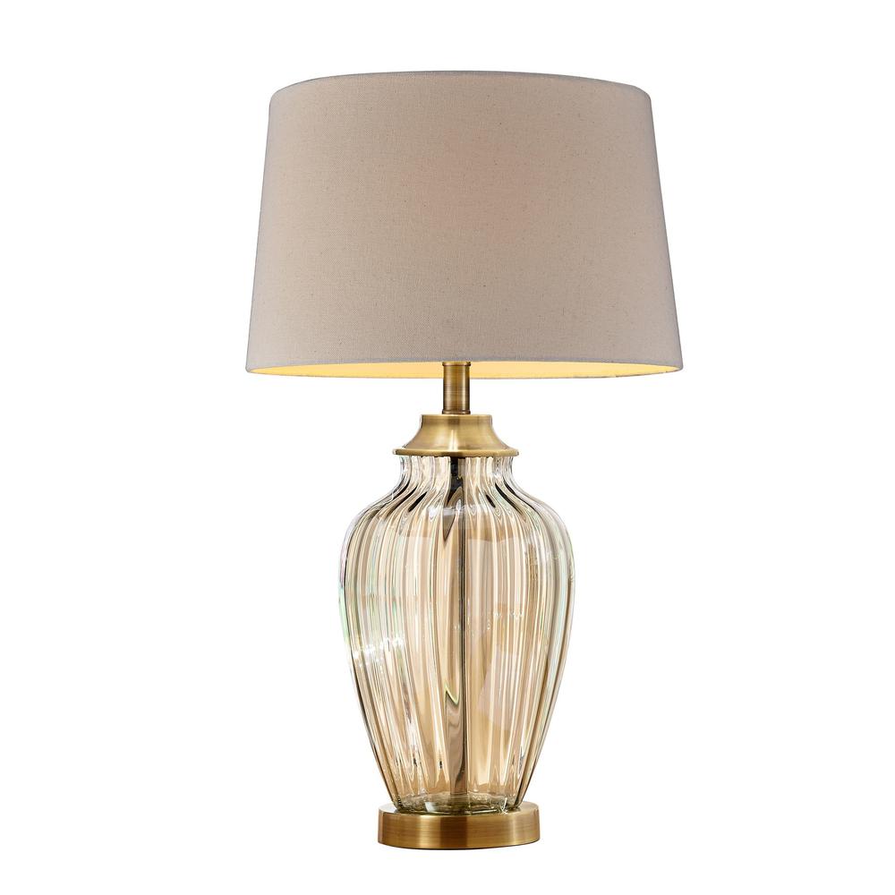 Golden Hue Glass Table Lamp with Cream Fabric Shade. Picture 1
