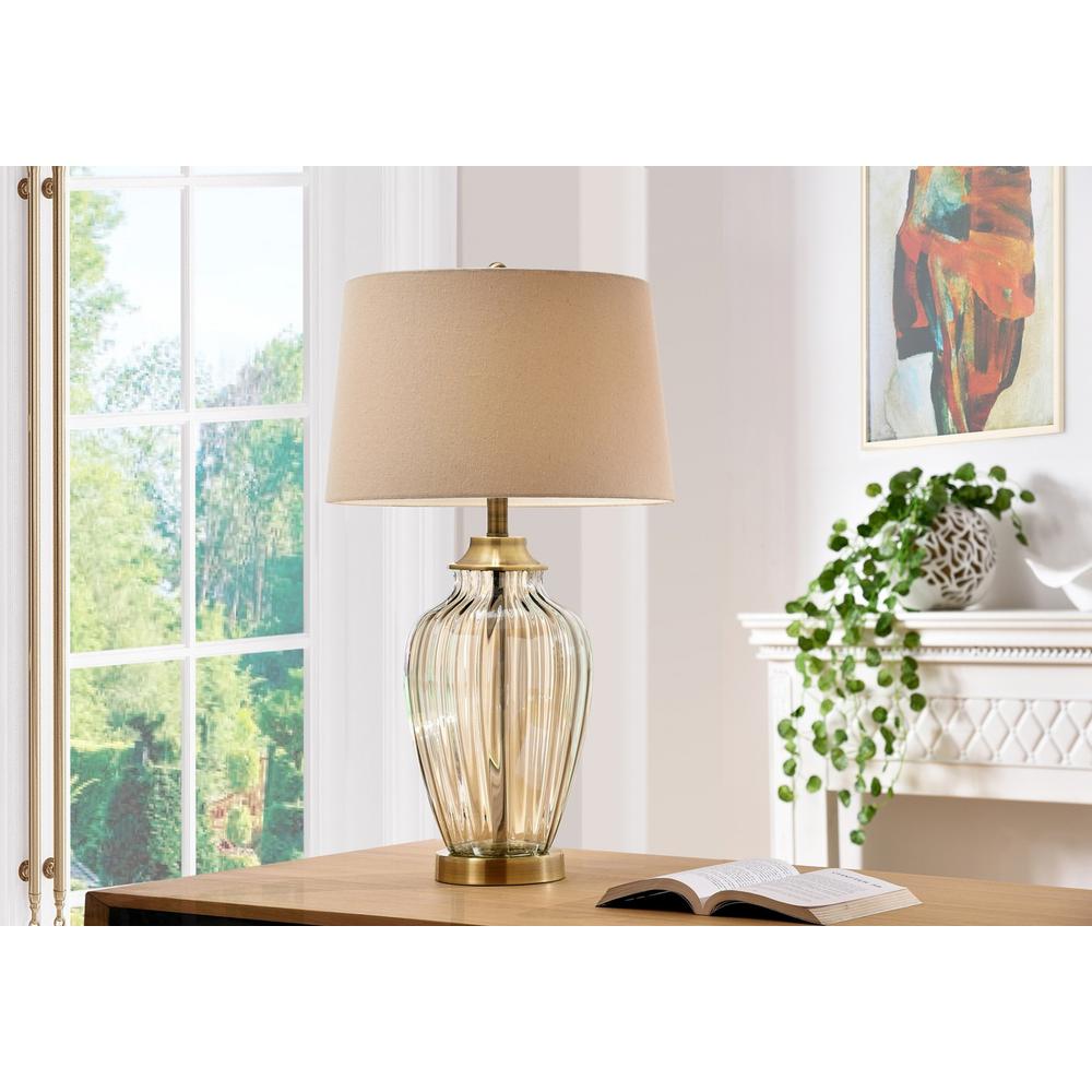 Golden Hue Glass Table Lamp with Cream Fabric Shade. Picture 2