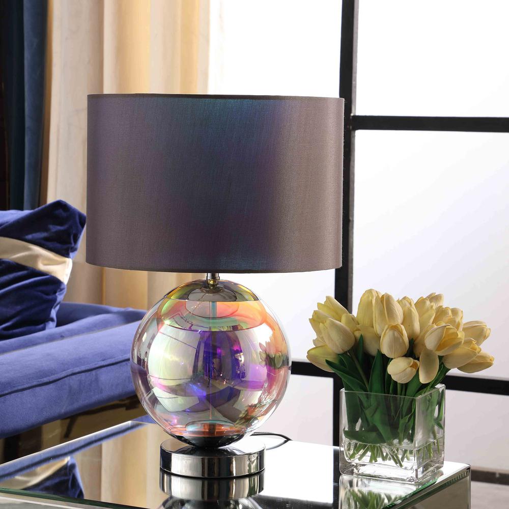 19" Iridescent Glass Globe Table Lamp With Gray Classic Drum Shade. Picture 4