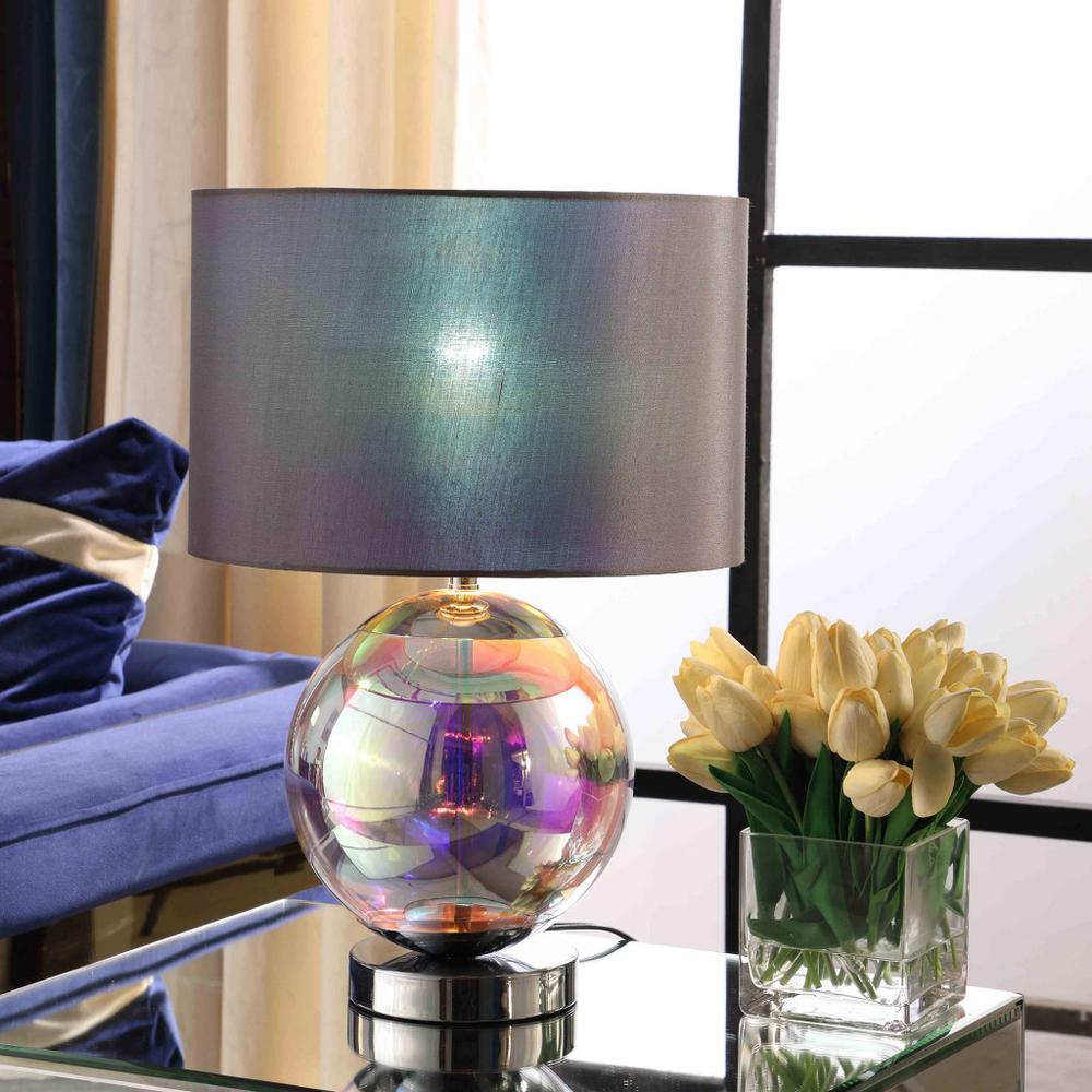19" Iridescent Glass Globe Table Lamp With Gray Classic Drum Shade. Picture 5