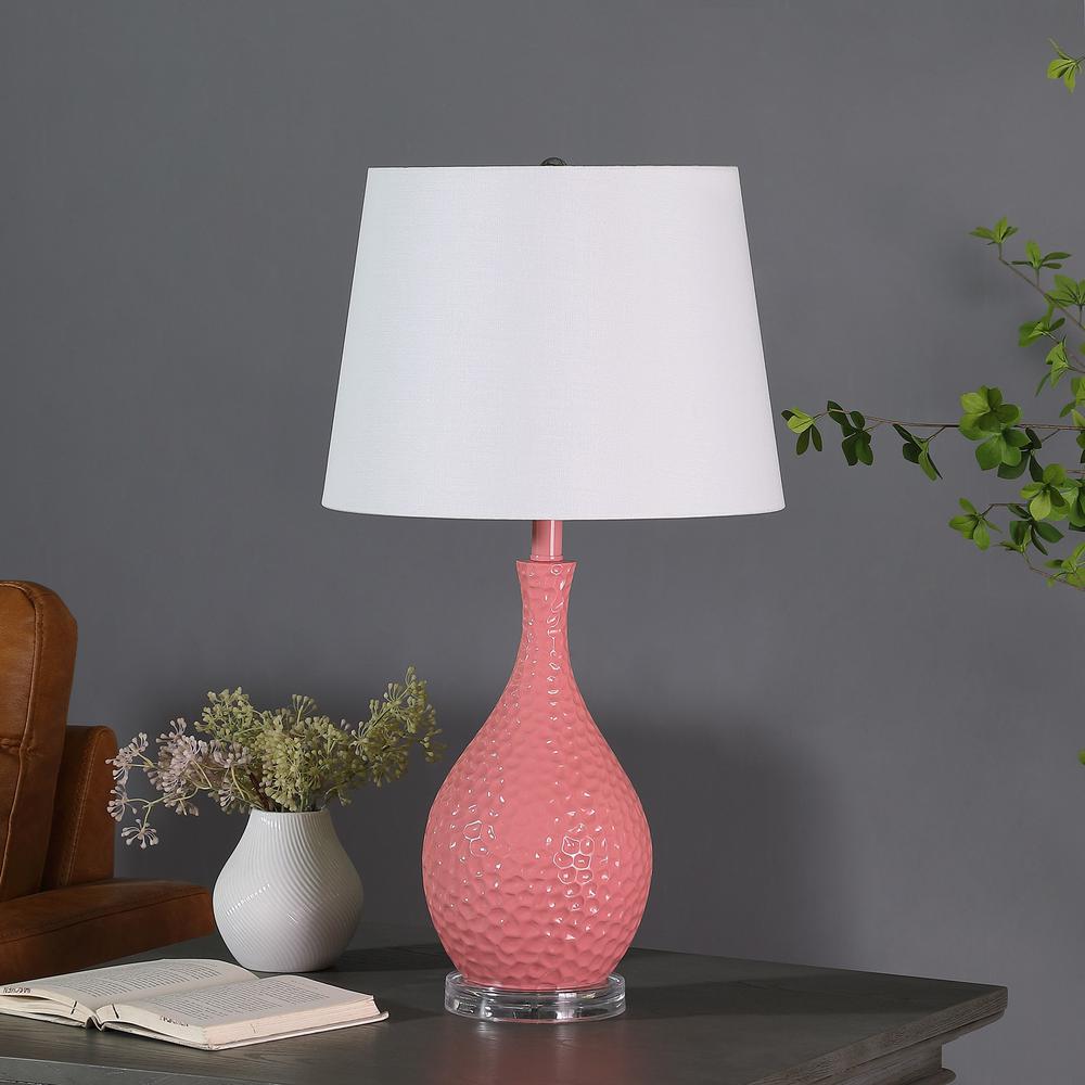 28" Pink Hammered Urn Table Lamp With White Tapered Drum Shade. Picture 2