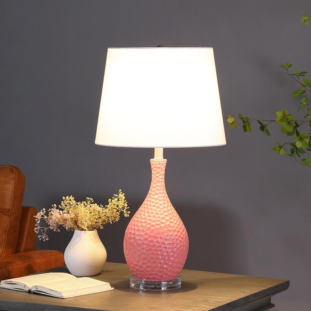 28" Pink Hammered Urn Table Lamp With White Tapered Drum Shade. Picture 3