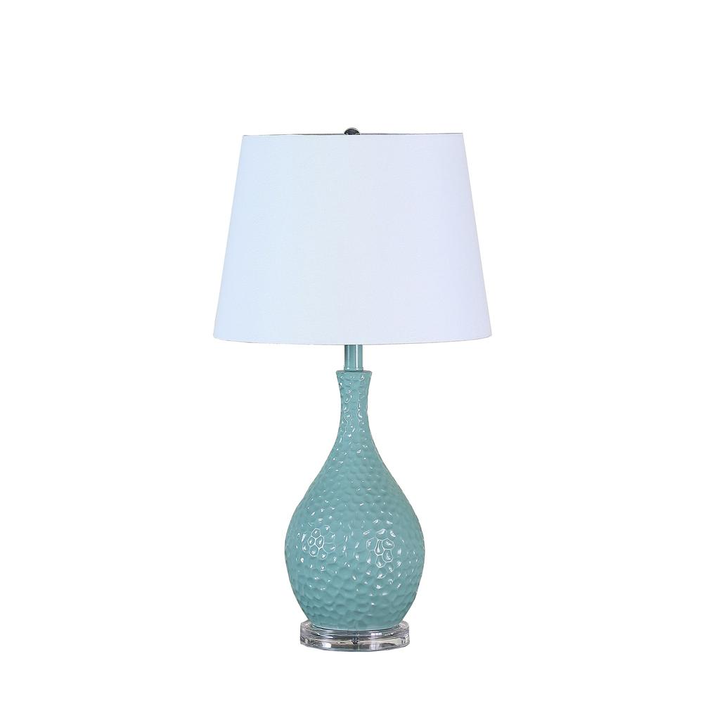 28" Aqua Hammered Urn Table Lamp With White Tapered Drum Shade. Picture 1