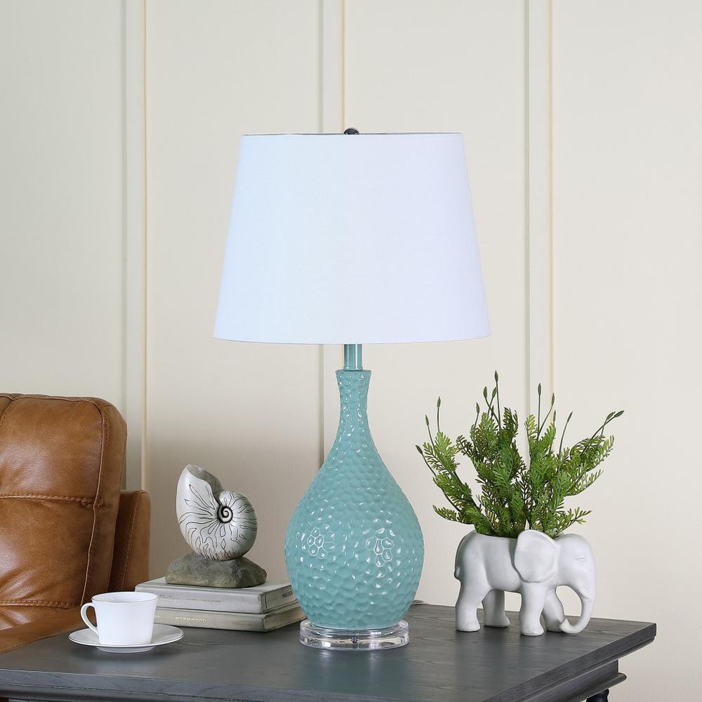 28" Aqua Hammered Urn Table Lamp With White Tapered Drum Shade. Picture 2
