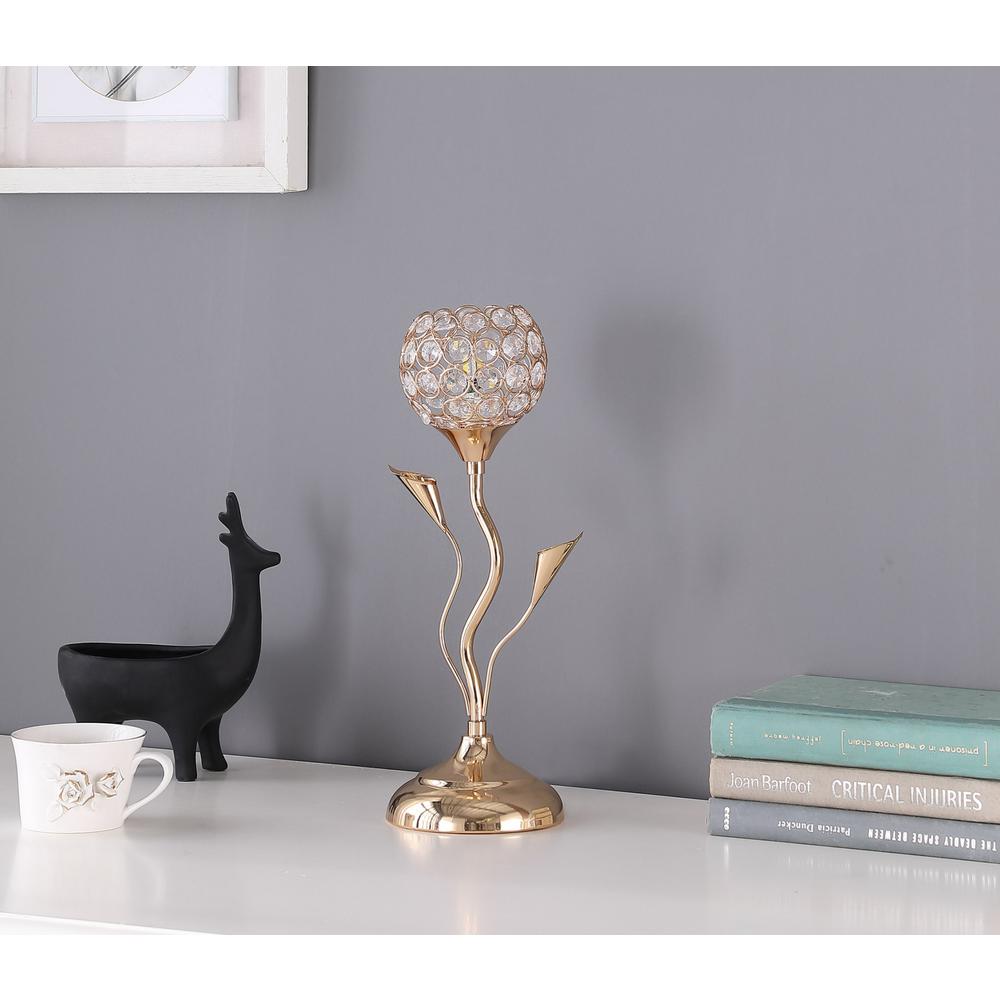 14” Glam Rose Gold and Bling Flower Metal Table Lamp. Picture 2