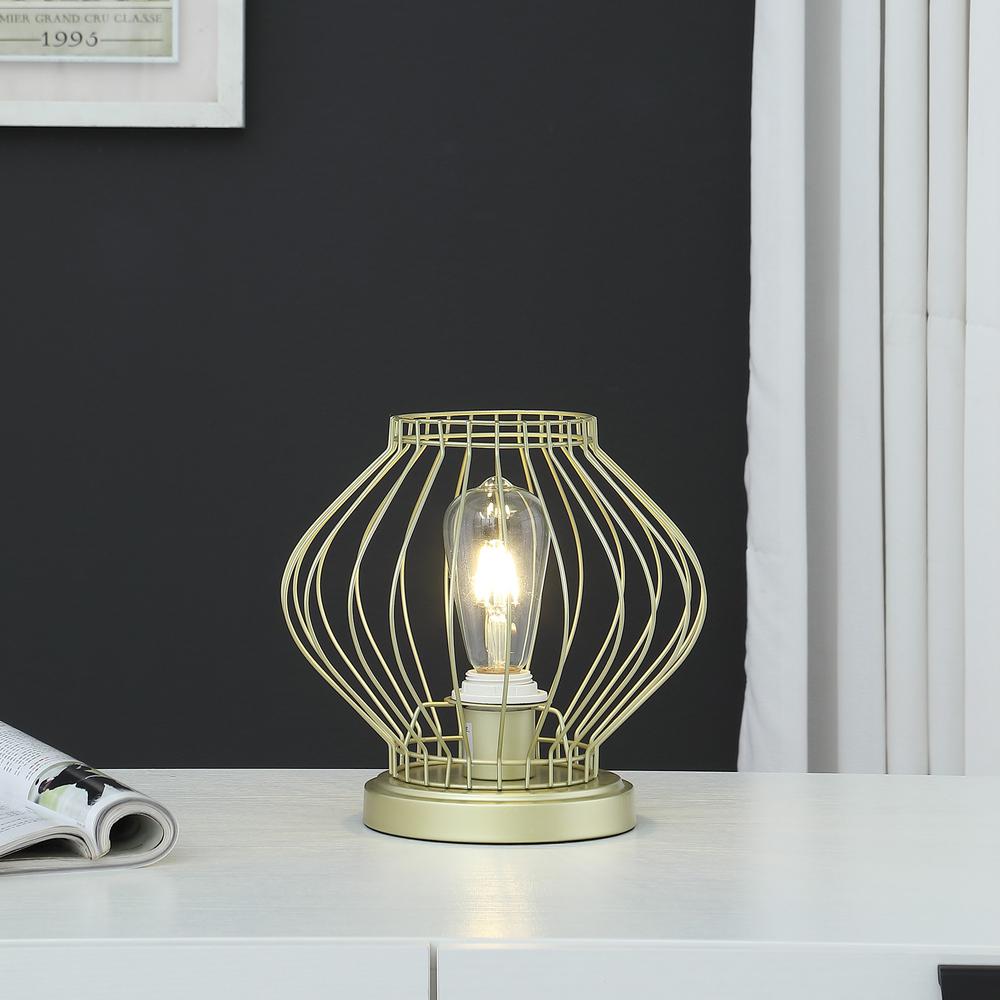 10” Industrial Gold Metal Open Cage Table Lamp. Picture 3