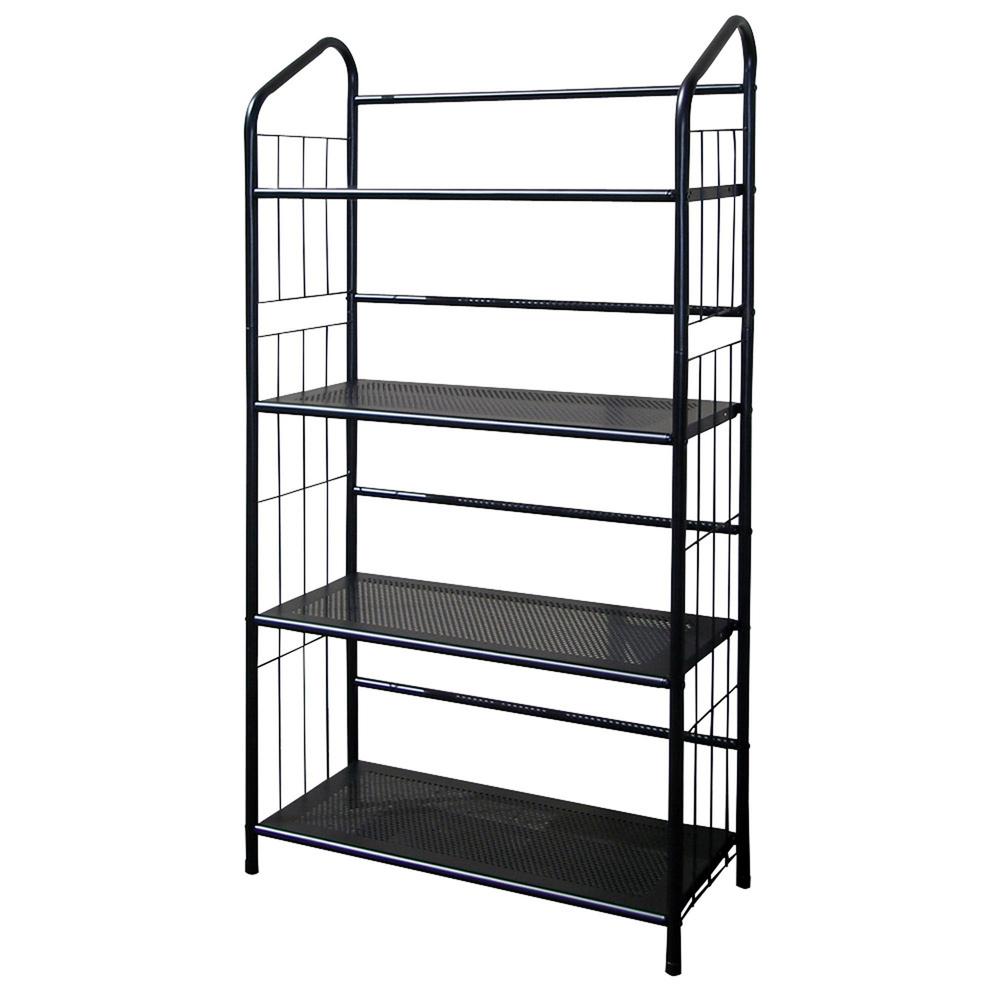 Black Four Shelf Metal Standing Book Shelf. Picture 1