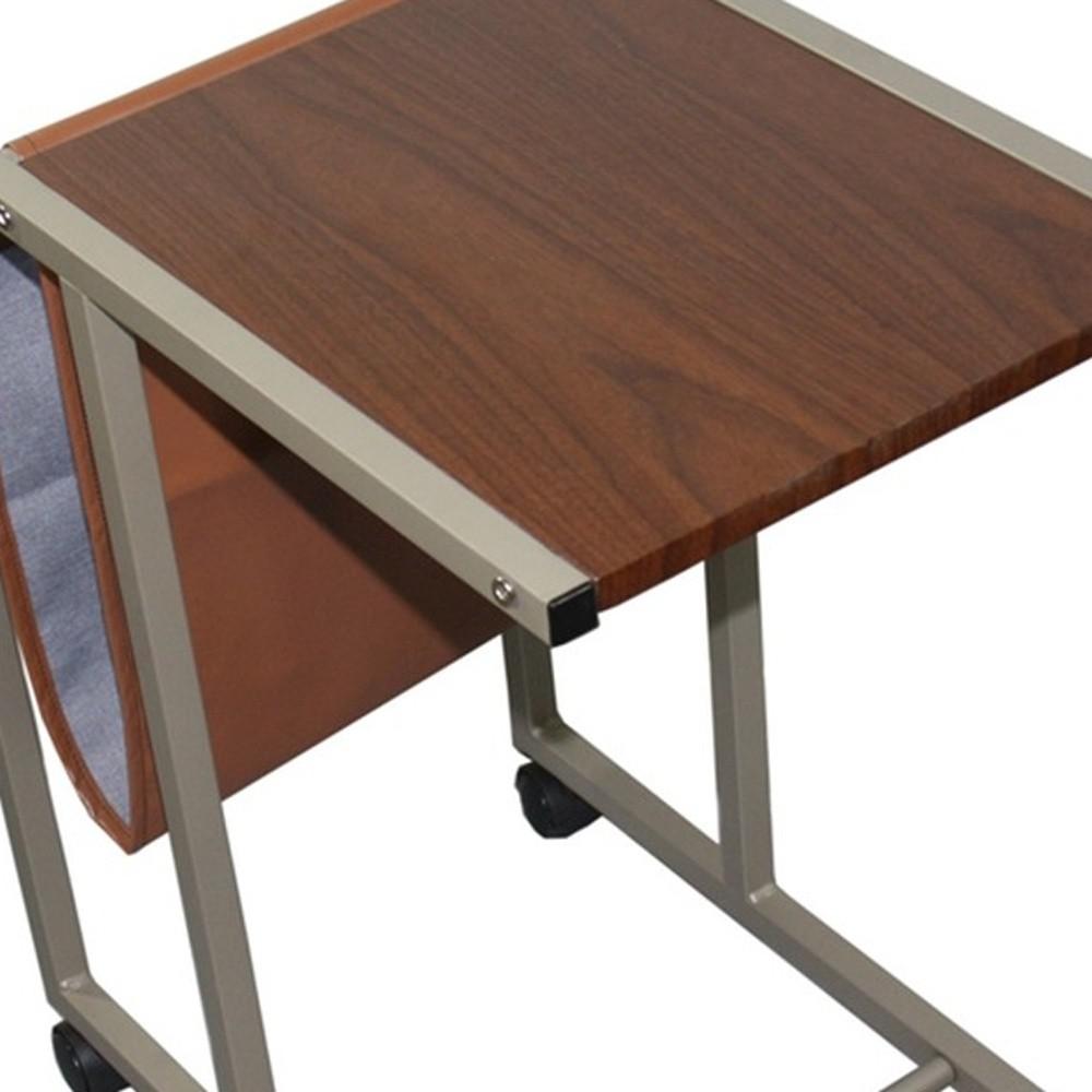 Modern Brown Faux Woodgrain Metal Laptop Cart Desk. Picture 5